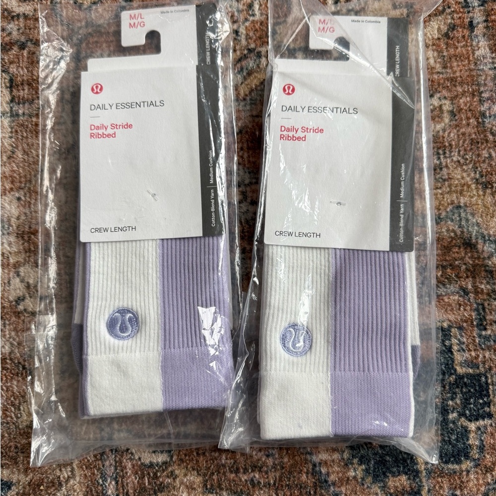 2 pairs of lululemon Daily Essentials Ribbed Crew Socks - White and Purple